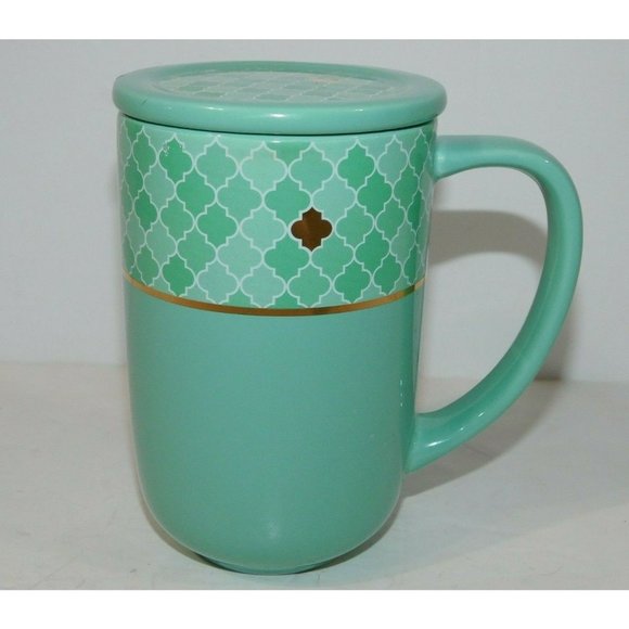 Davids Tea Teal Turquoise Gold Mosaic Design Nordic Tea Mug w Lid & steeper - Picture 1 of 8